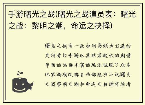 手游曙光之战(曙光之战演员表：曙光之战：黎明之潮，命运之抉择)