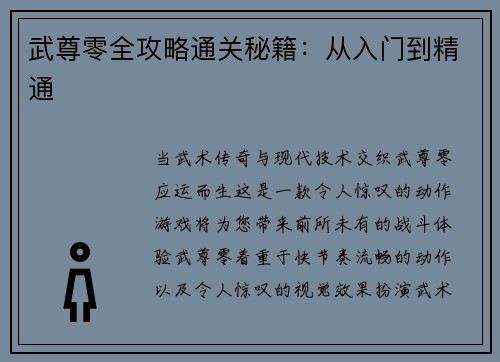 武尊零全攻略通关秘籍：从入门到精通